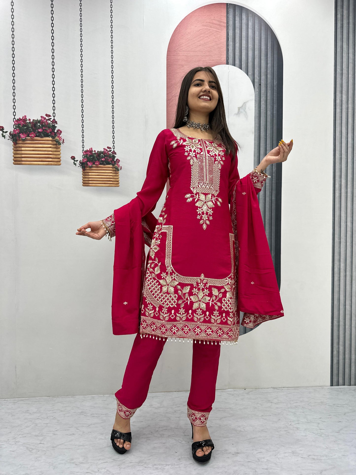 Chinon Embroidered Top Pant Set with Dupatta