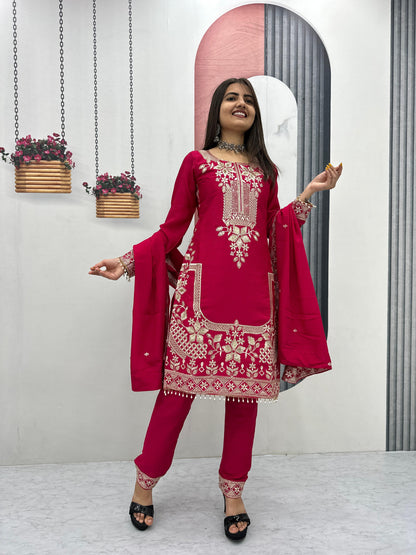 Chinon Embroidered Top Pant Set with Dupatta