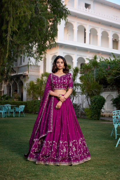 Wine Vichitra Silk Embroidered Lehenga Choli