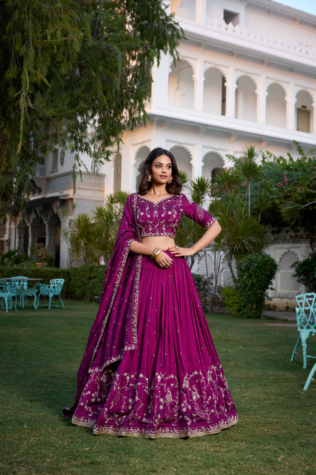Wine Vichitra Silk Embroidered Lehenga Choli