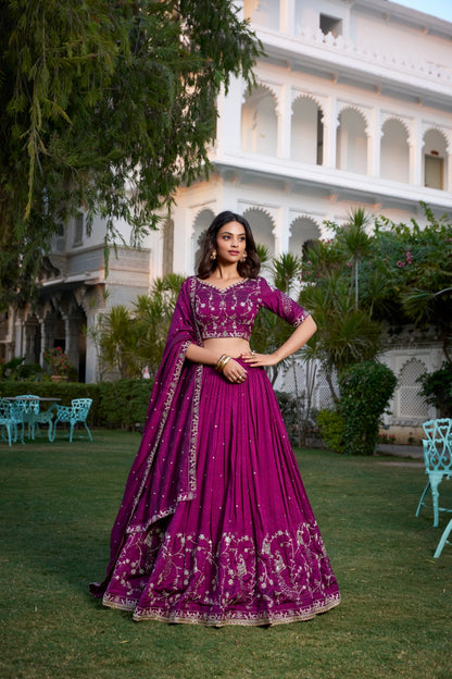 Wine Vichitra Silk Embroidered Lehenga Choli
