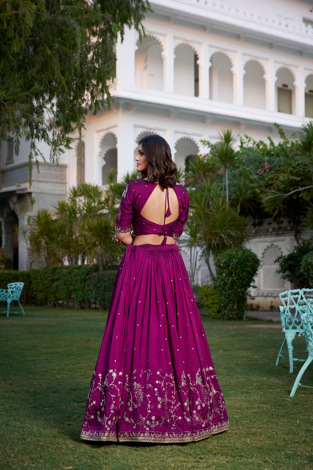 Wine Vichitra Silk Embroidered Lehenga Choli
