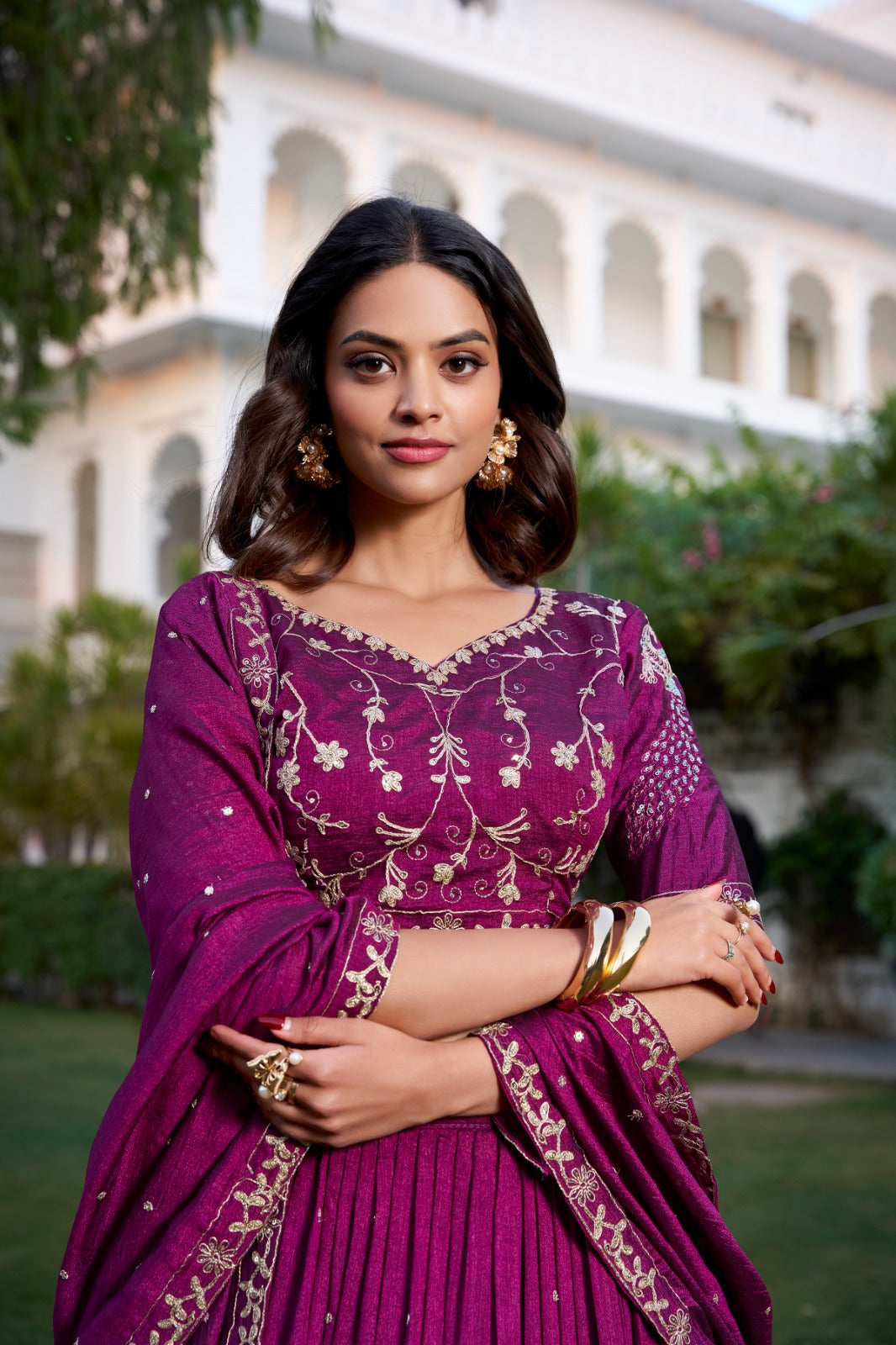 Wine Vichitra Silk Embroidered Lehenga Choli