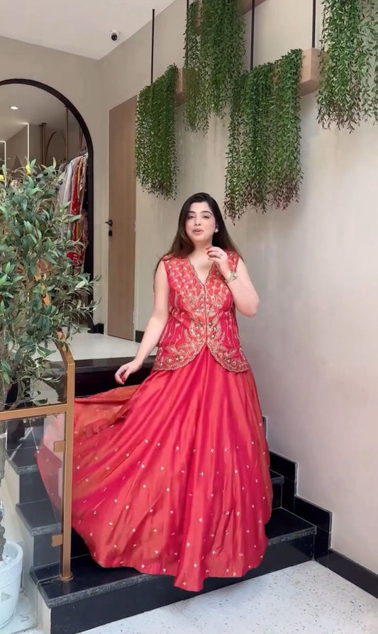 Fully Stitched Pure Simar Lehenga Koti Set with Fox Georgette Shrug Heavy Embroidery Sequence & Thread Work