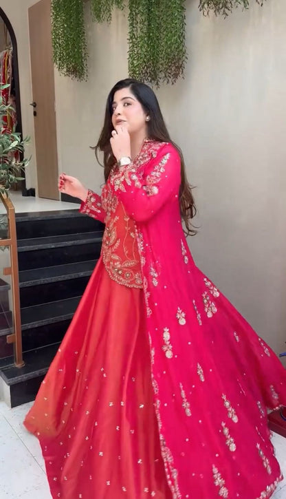 Fully Stitched Pure Simar Lehenga Koti Set with Fox Georgette Shrug Heavy Embroidery Sequence & Thread Work