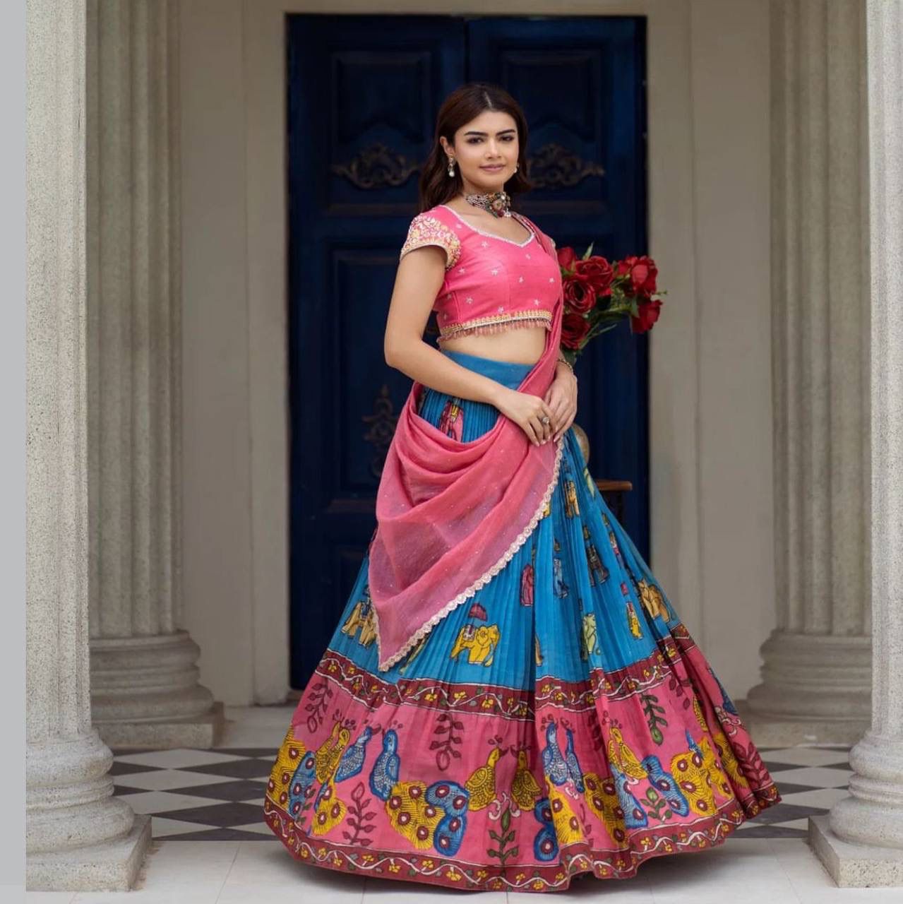 Georgette Embroidery Sequence Lehenga Choli Set with Kalamkari Crepe Lehenga
