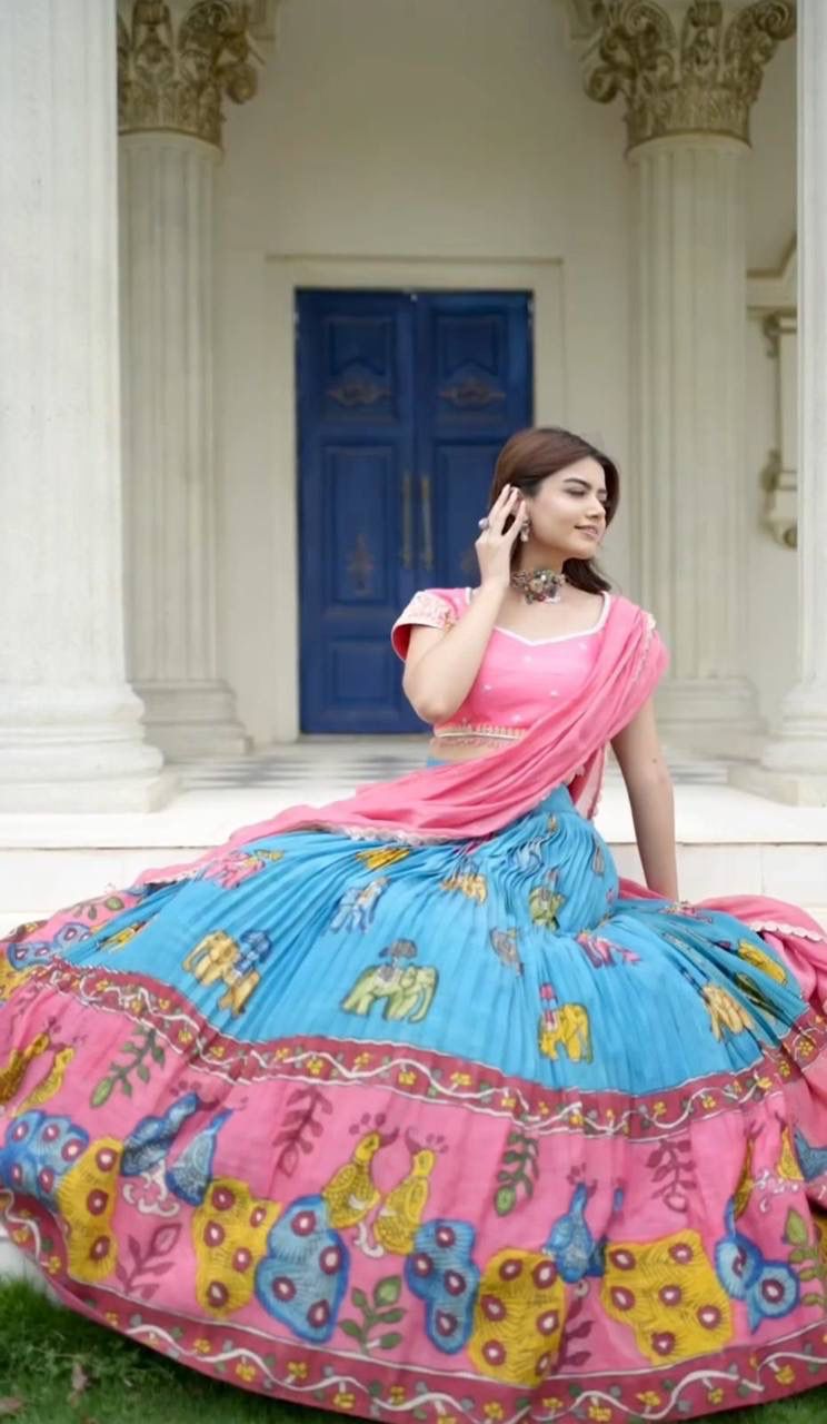 Georgette Embroidery Sequence Lehenga Choli Set with Kalamkari Crepe Lehenga