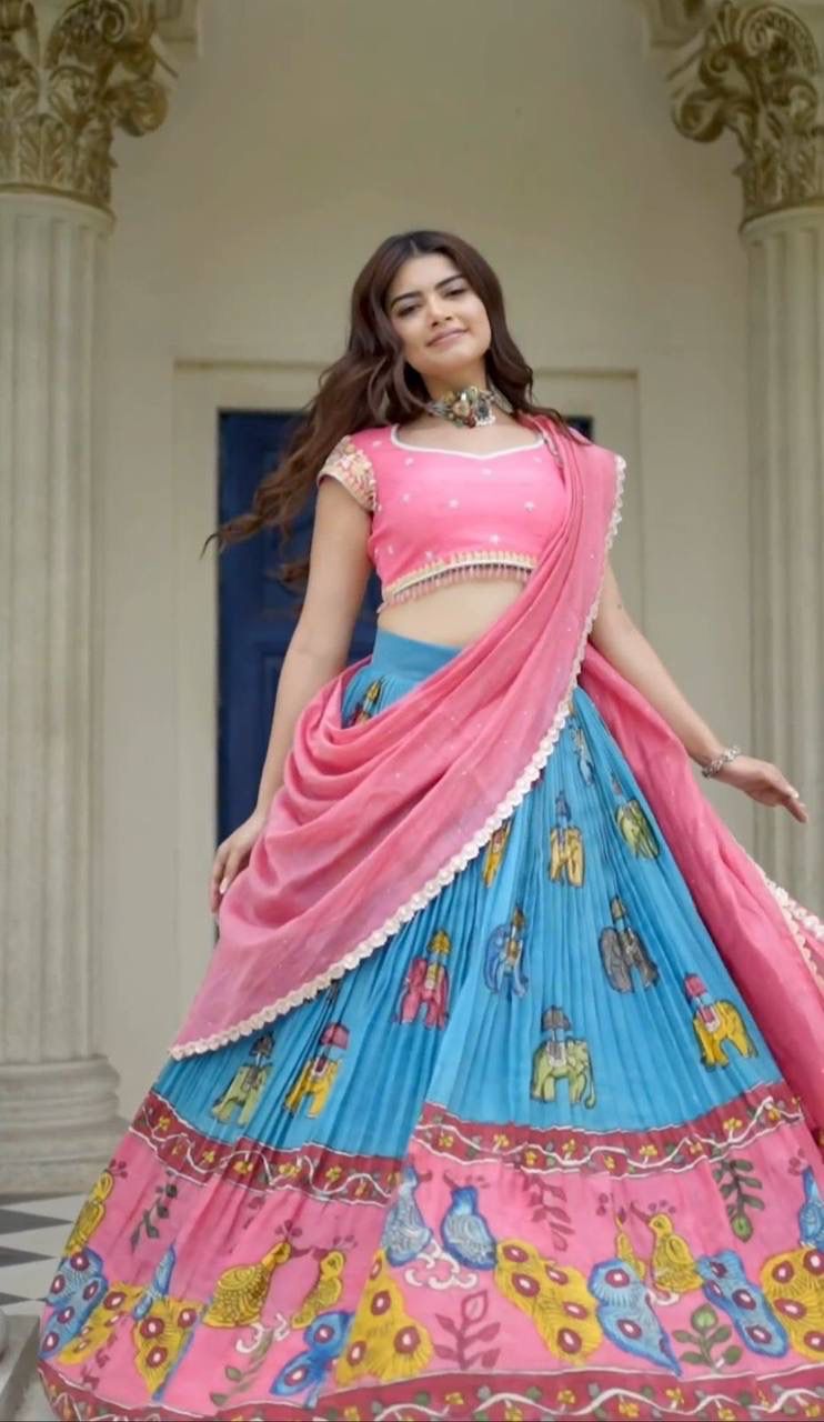 Georgette Embroidery Sequence Lehenga Choli Set with Kalamkari Crepe Lehenga