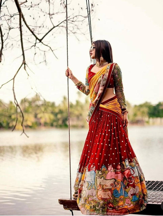 Kalamkari Print Georgette Lehenga Choli Set with Dupatta