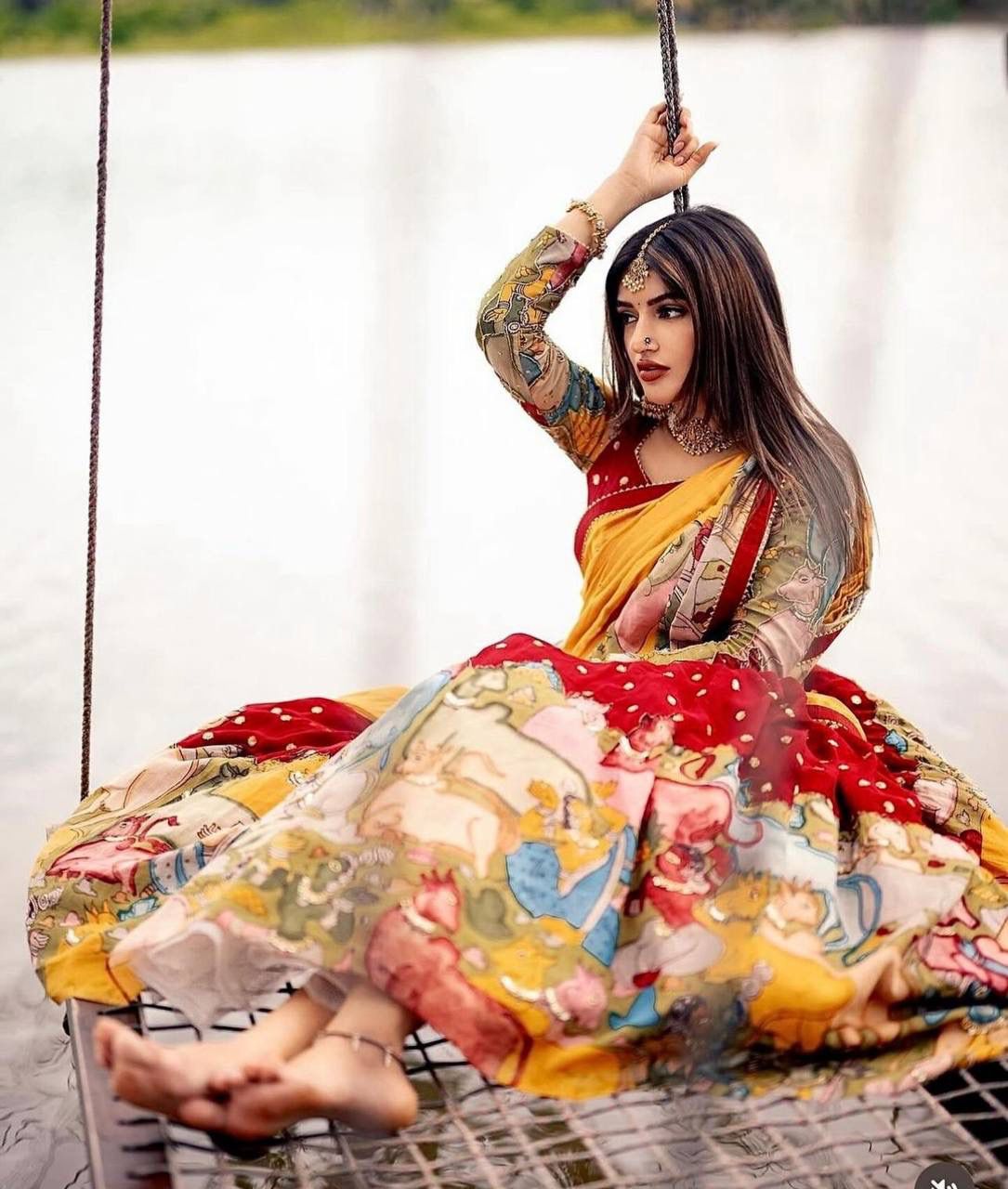 Kalamkari Print Georgette Lehenga Choli Set with Dupatta