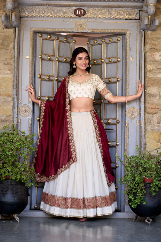 Vichitra Silk Zari Weaving Embroidered Lehenga Set