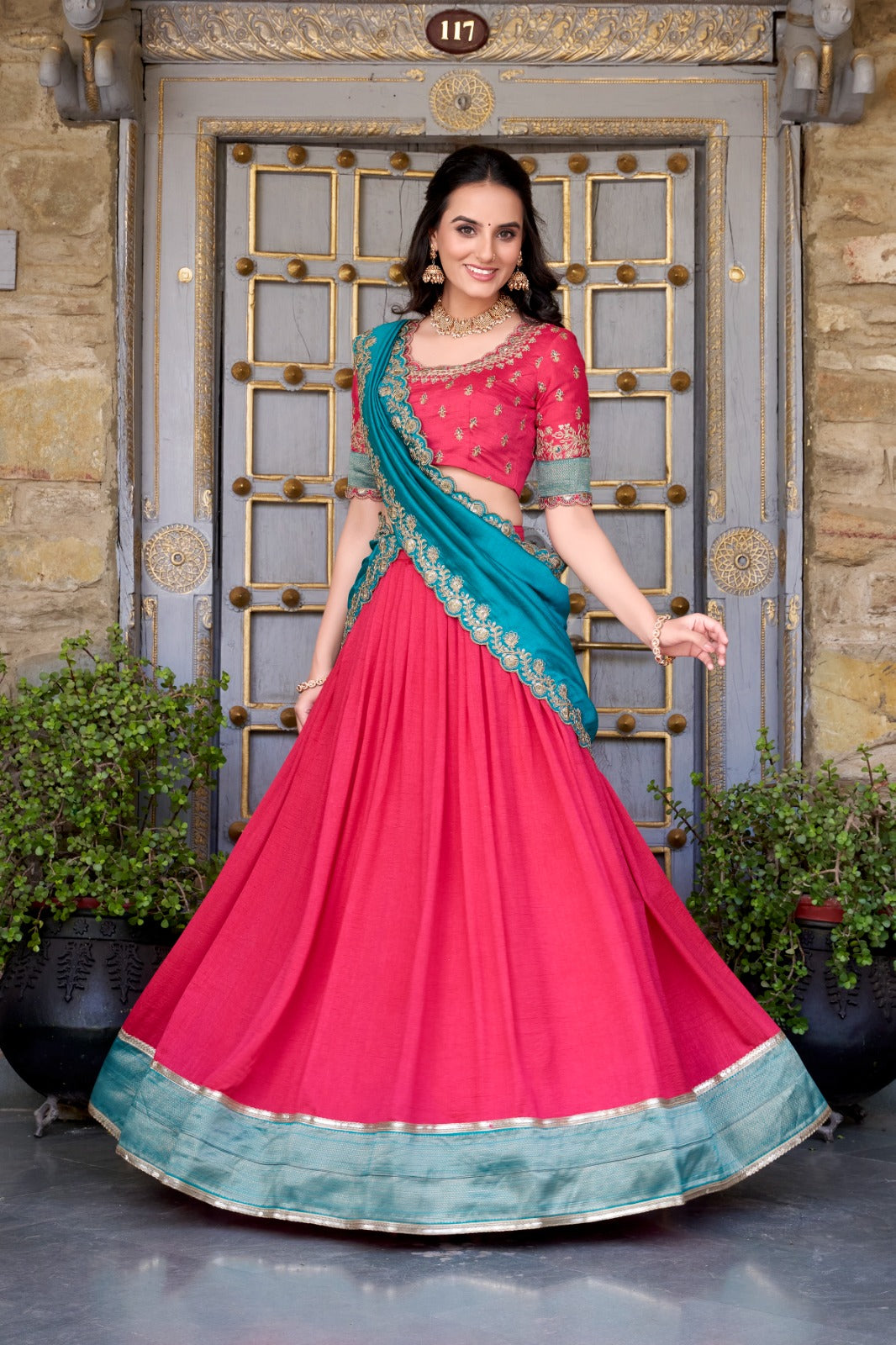 Vichitra Silk Zari Weaving Embroidered Lehenga Set