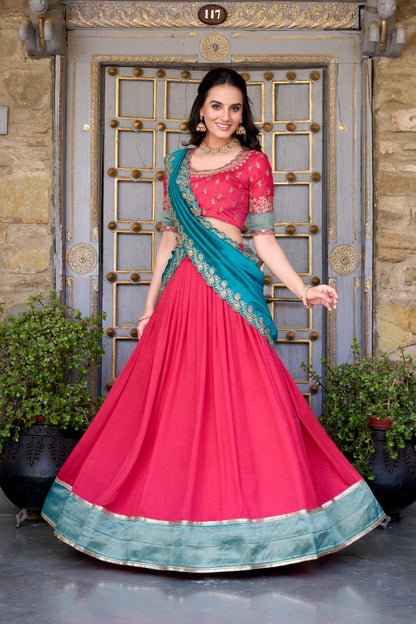 Vichitra Silk Zari Weaving Embroidered Lehenga Set
