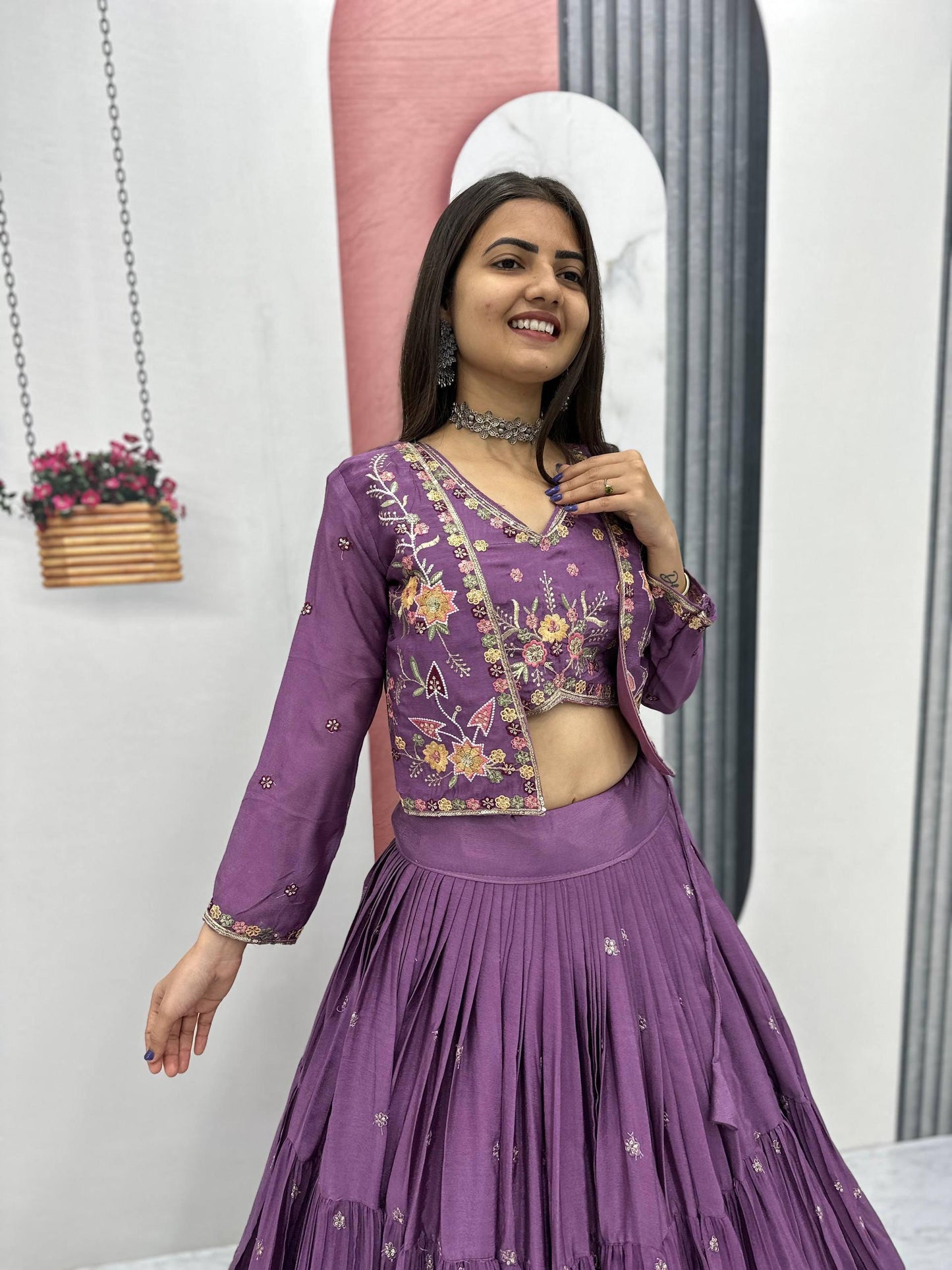 Fully Stitched Chinon Lehenga Choli with Jacket