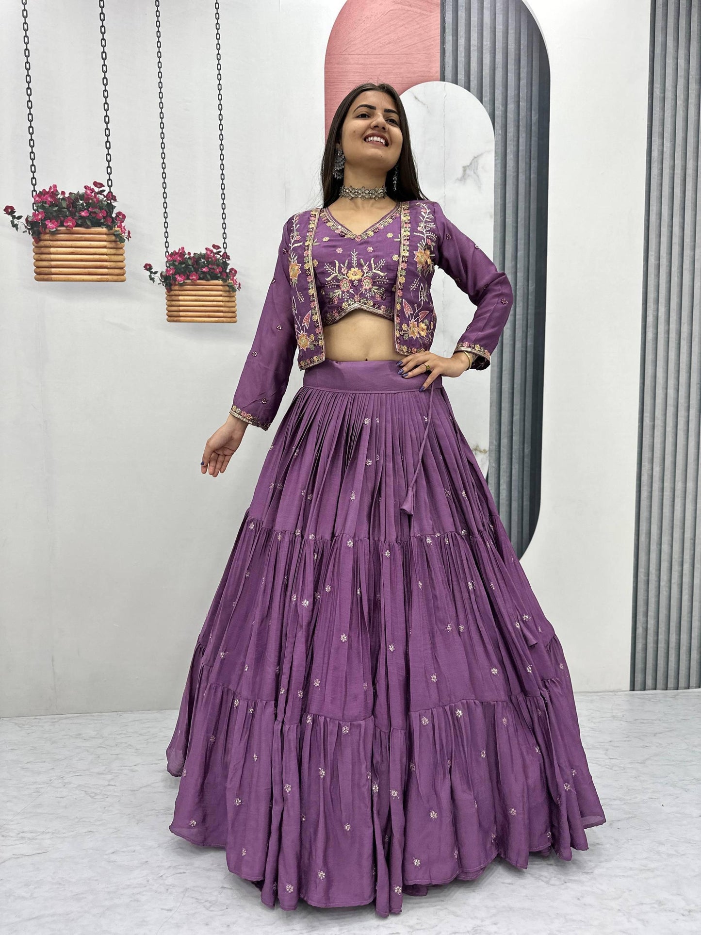 Fully Stitched Chinon Lehenga Choli with Jacket