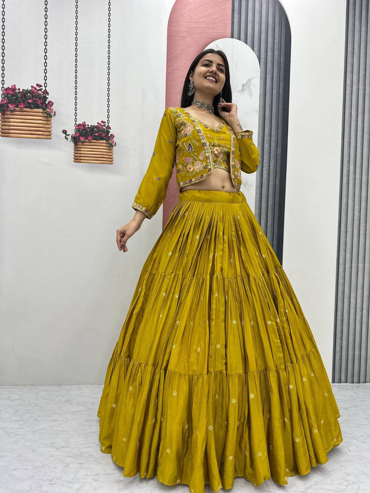 Fully Stitched Chinon Lehenga Choli with Jacket