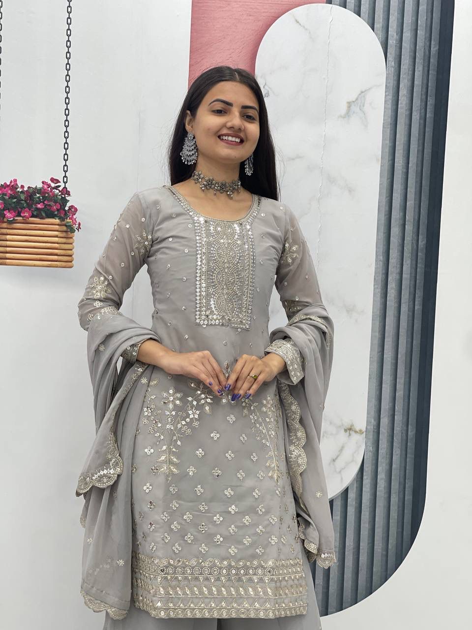 Fox Georgette Embroidered Palazzo Set