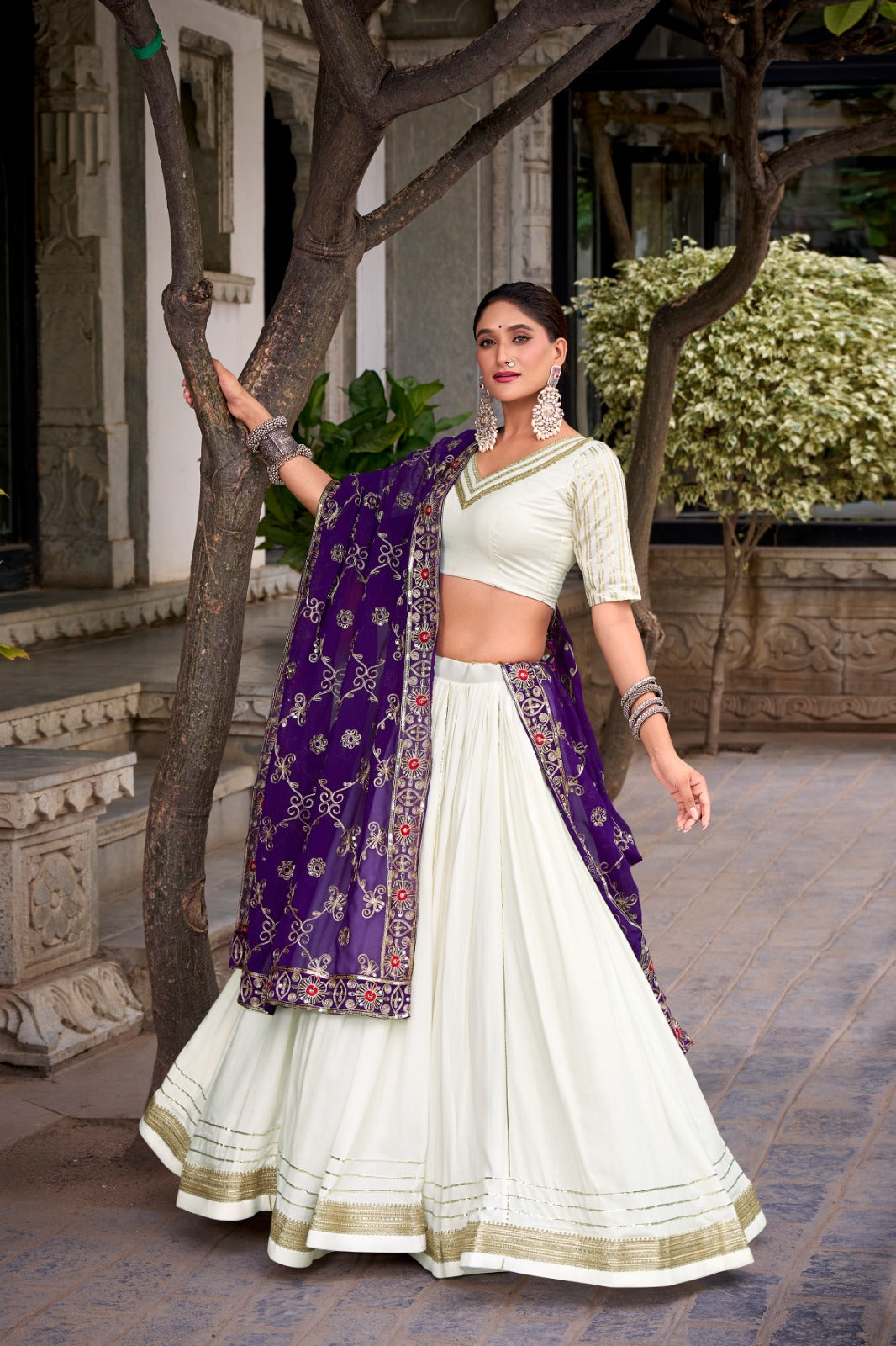 White Rayon Lehenga Choli with Embroidered Dupatta