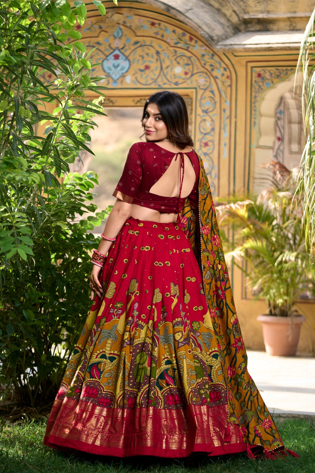 Tasar Silk Kalamkari Print Lehenga Choli with Foil Border