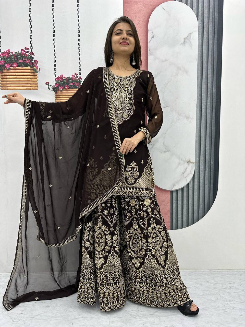 Fox Georgette Embroidered Palazzo Set