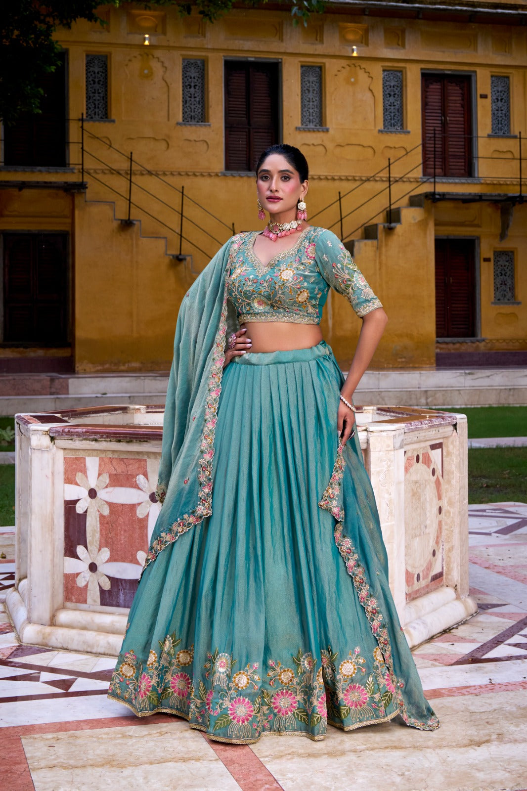 Pastel Floral Zari Shimmer Embroidered Lehenga Set