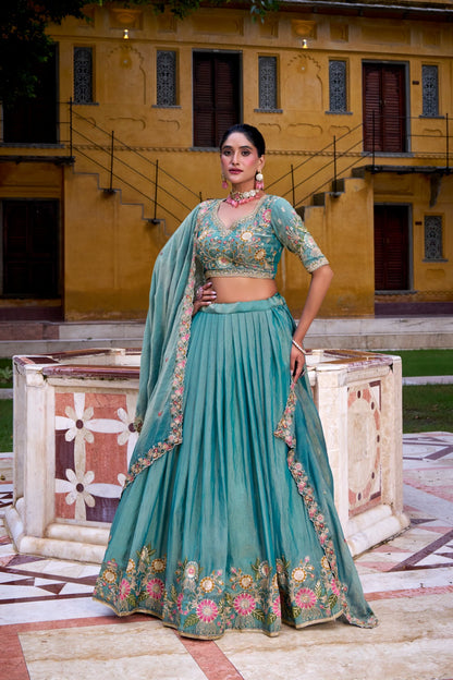 Pastel Floral Zari Shimmer Embroidered Lehenga Set