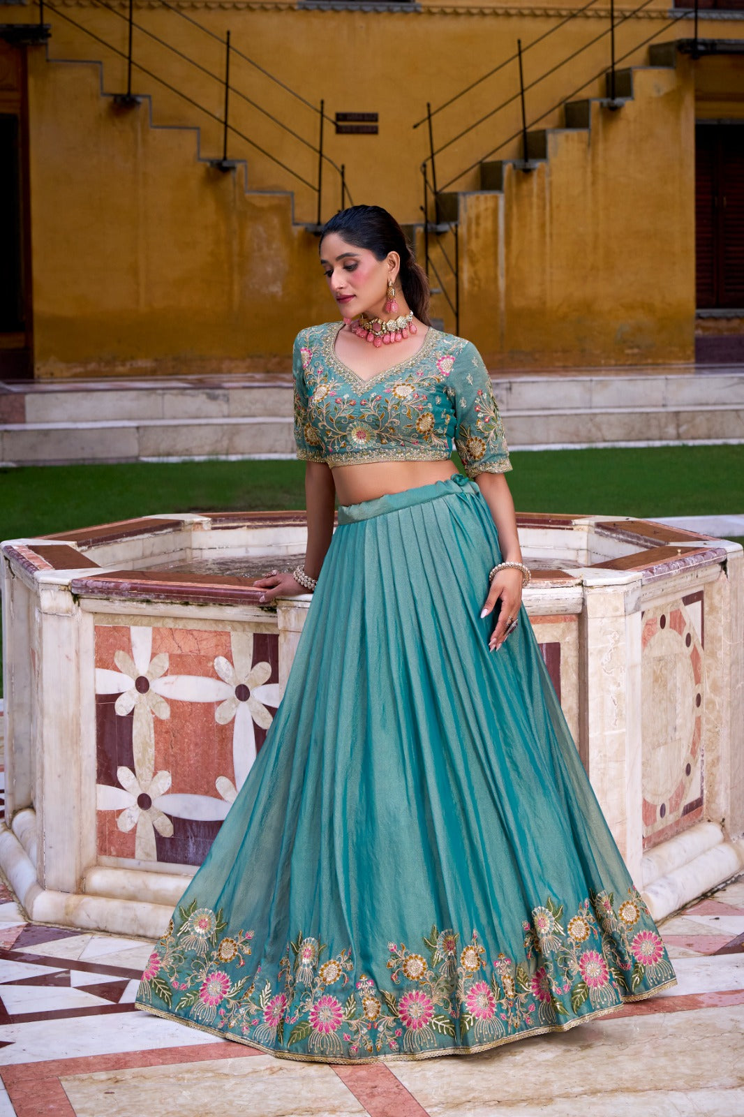 Pastel Floral Zari Shimmer Embroidered Lehenga Set