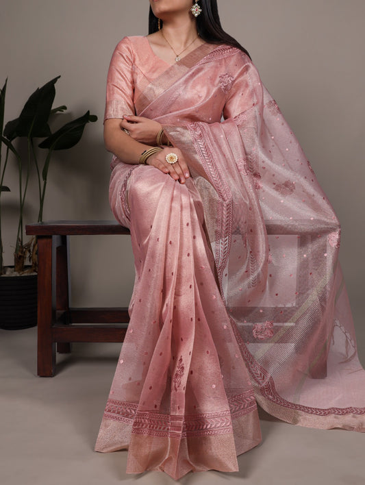 Poly Shimmer Thread Embroidery Saree with Plain Unstitched Blouse