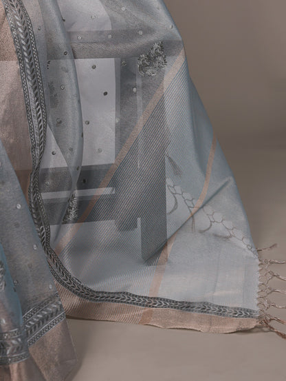 Poly Shimmer Thread Embroidery Saree with Plain Unstitched Blouse