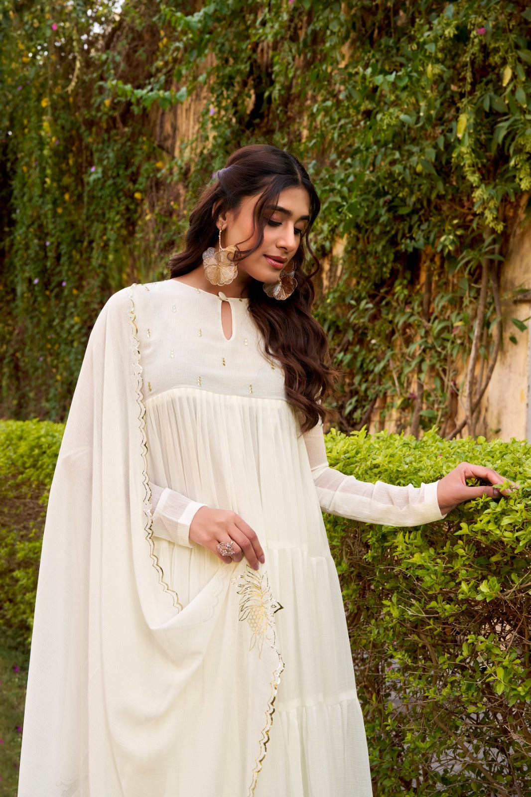 Marbel Foil Work Anarkali Dress Pant Set with Dupatta