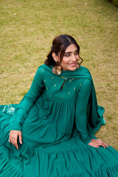 Marbel Foil Work Anarkali Dress Pant Set with Dupatta