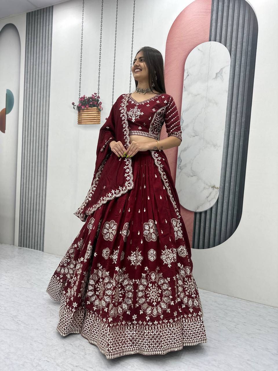 Heavy Pure Vichitra Silk Embroidered Lehenga Choli Set