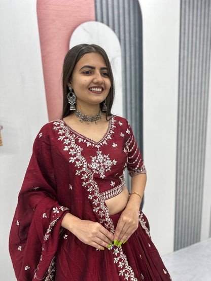 Heavy Pure Vichitra Silk Embroidered Lehenga Choli Set