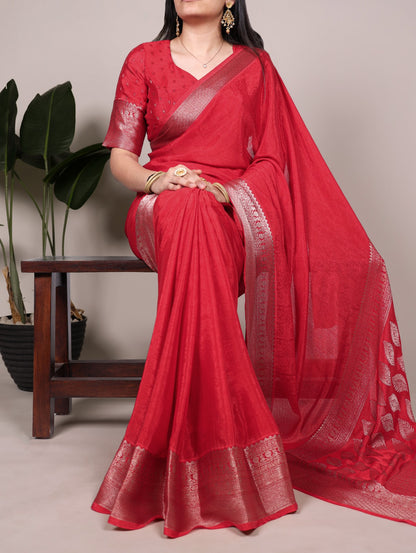 Chinon Self Printed Saree with Zari Weaving Work & Unstitched Blouse