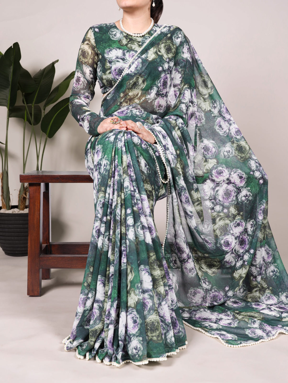 Weightless Marble Floral Printed Saree with Pearl Lace Border & Unstitched Printed Blouse