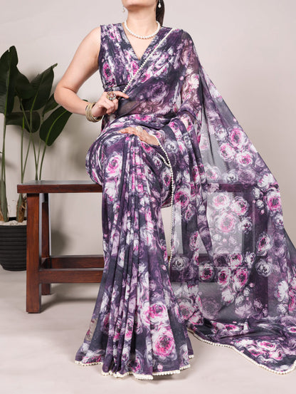 Weightless Marble Floral Printed Saree with Pearl Lace Border & Unstitched Printed Blouse