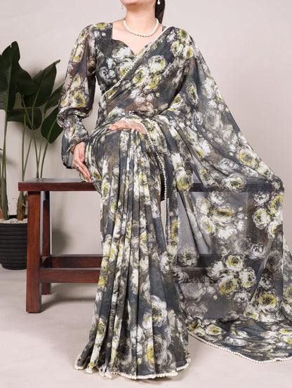 Weightless Marble Floral Printed Saree with Pearl Lace Border & Unstitched Printed Blouse