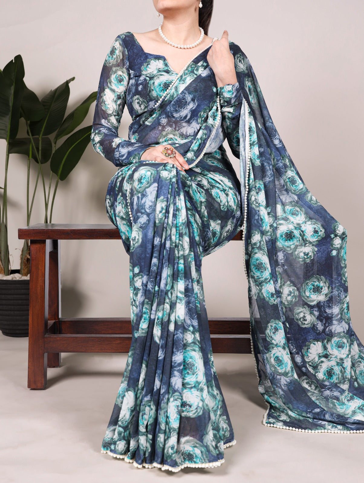 Weightless Marble Floral Printed Saree with Pearl Lace Border & Unstitched Printed Blouse