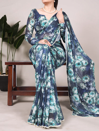 Weightless Marble Floral Printed Saree with Pearl Lace Border & Unstitched Printed Blouse