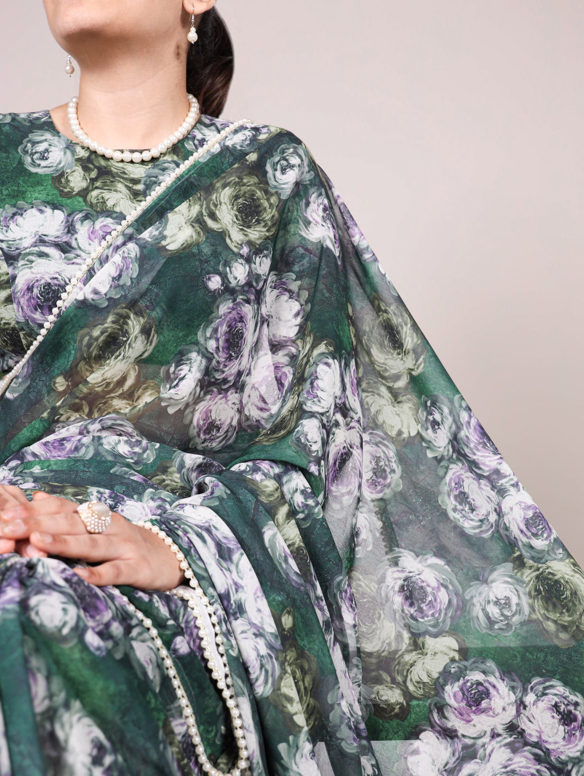 Weightless Marble Floral Printed Saree with Pearl Lace Border & Unstitched Printed Blouse