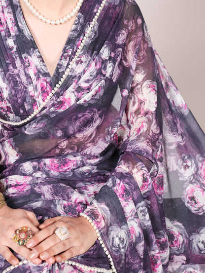 Weightless Marble Floral Printed Saree with Pearl Lace Border & Unstitched Printed Blouse