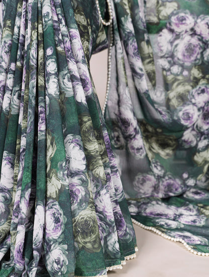 Weightless Marble Floral Printed Saree with Pearl Lace Border & Unstitched Printed Blouse