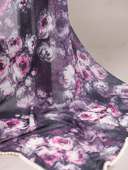 Weightless Marble Floral Printed Saree with Pearl Lace Border & Unstitched Printed Blouse