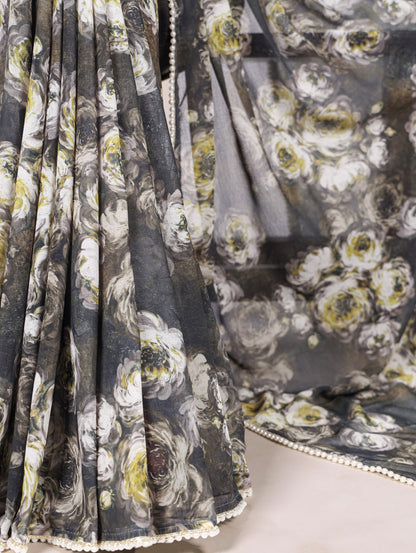 Weightless Marble Floral Printed Saree with Pearl Lace Border & Unstitched Printed Blouse