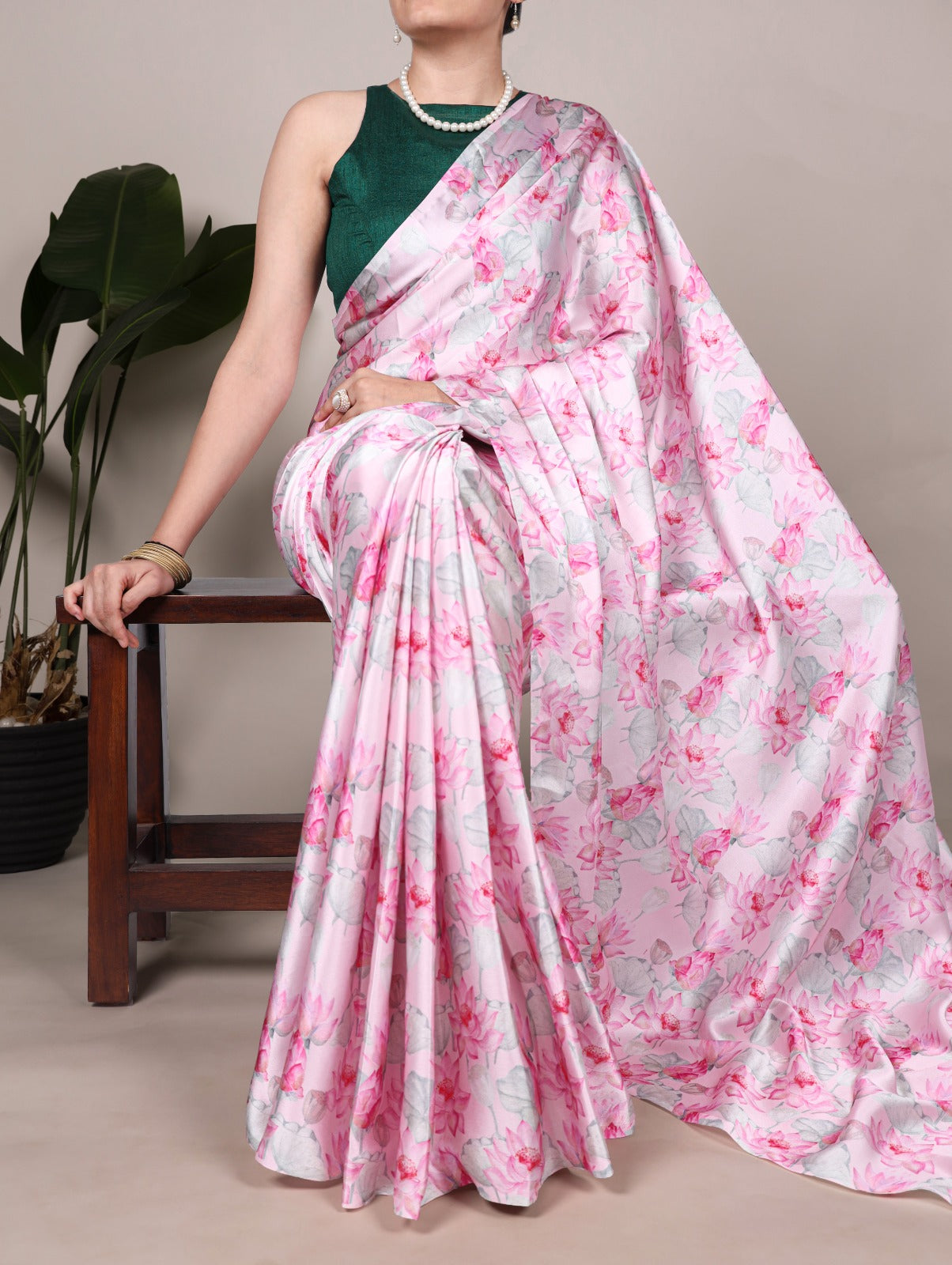 Satin Silk Printed Saree with Banglory Plain Blouse
