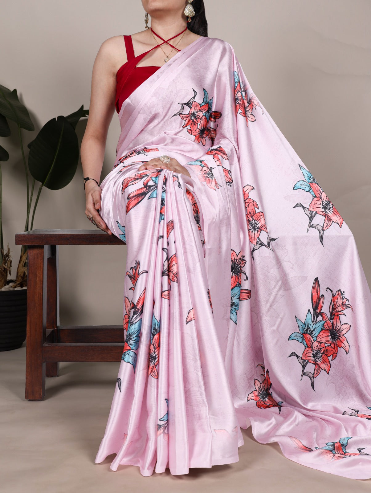 Satin Silk Printed Saree with Banglory Plain Blouse