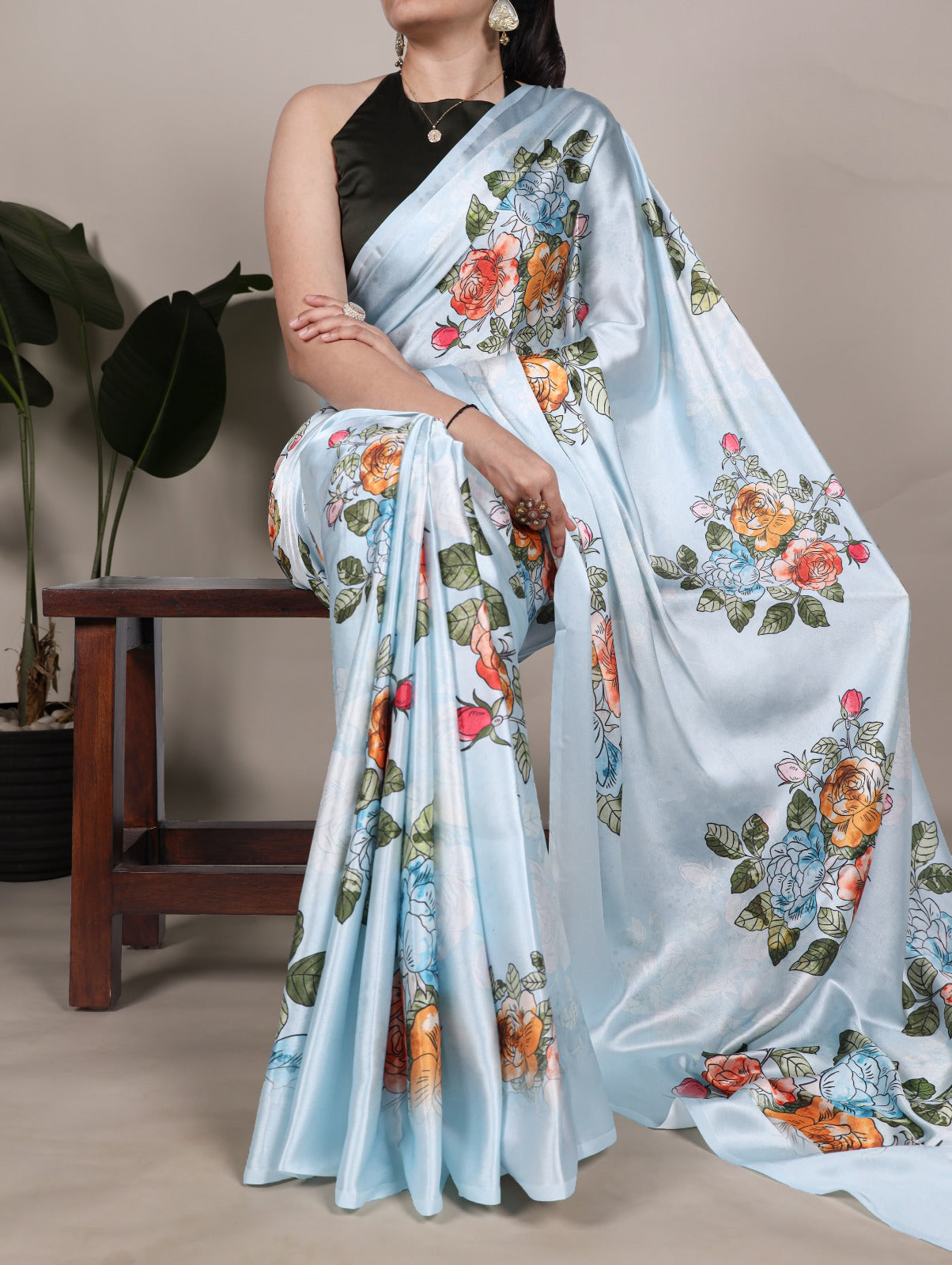 Satin Silk Printed Saree with Banglory Plain Blouse