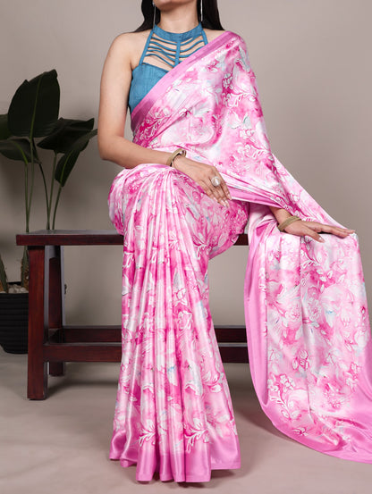 Satin Silk Printed Saree with Banglory Plain Blouse