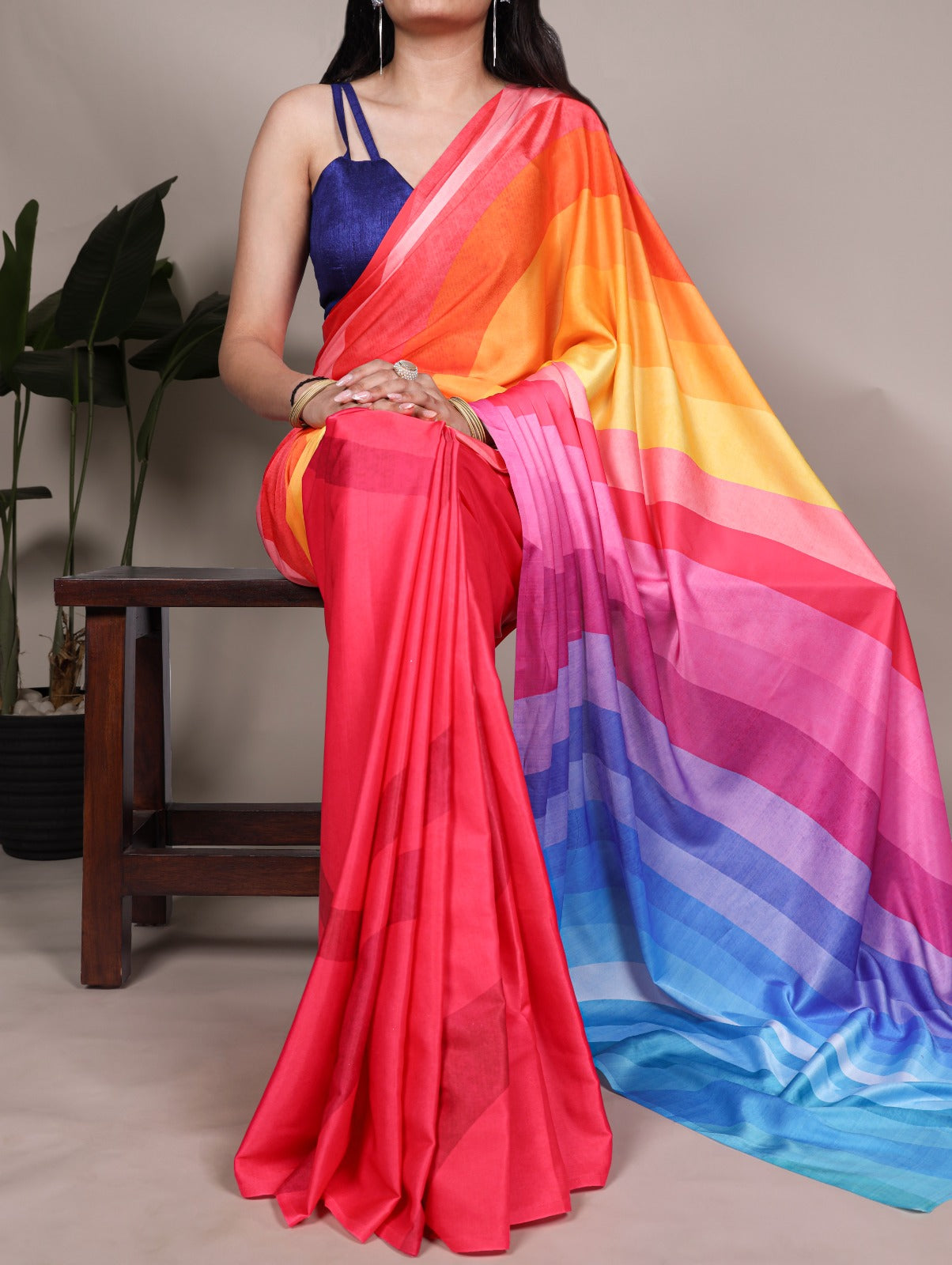Satin Silk Printed Saree with Banglory Plain Blouse