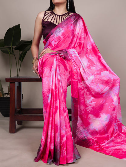 Satin Silk Printed Saree with Banglory Plain Blouse